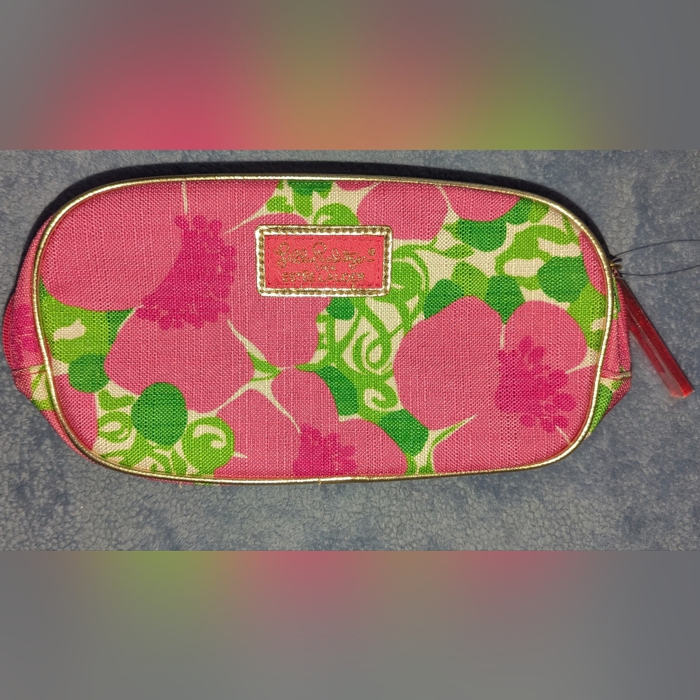Lily Pulitzer Estee Lauder Pink and Green Floral Cosmetic Bag